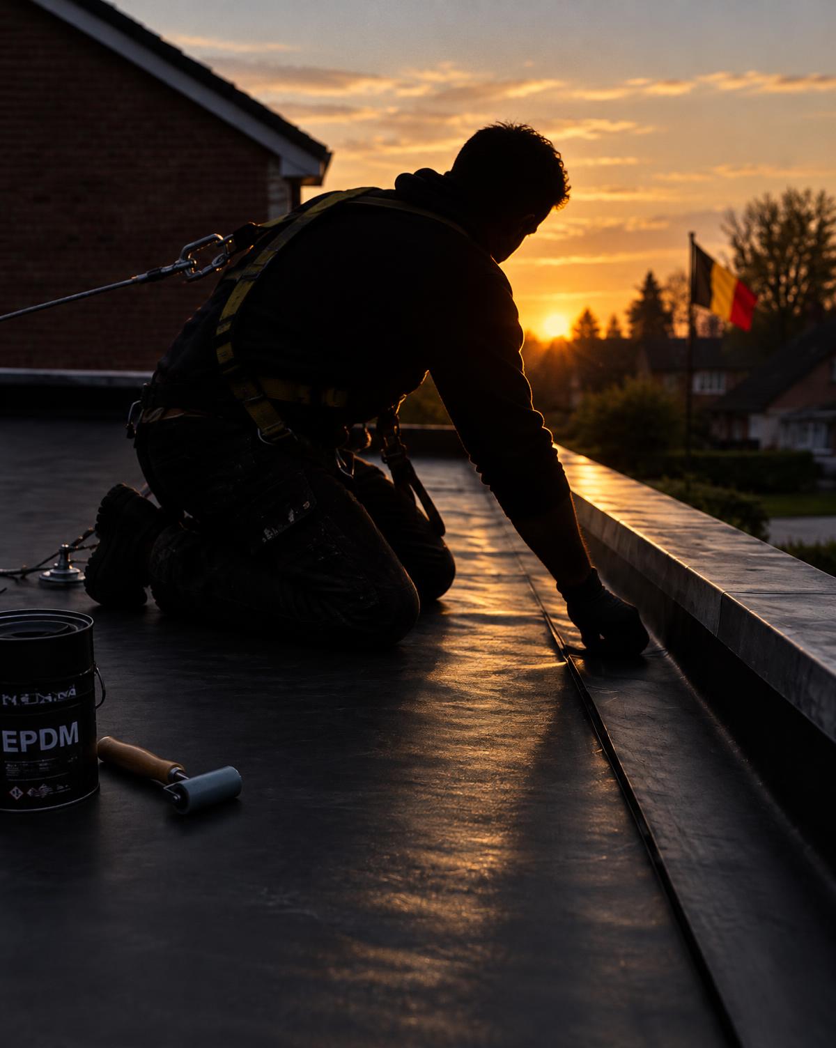 Dakwerker plaatst een EPDM-dakbedekking op een plat dak