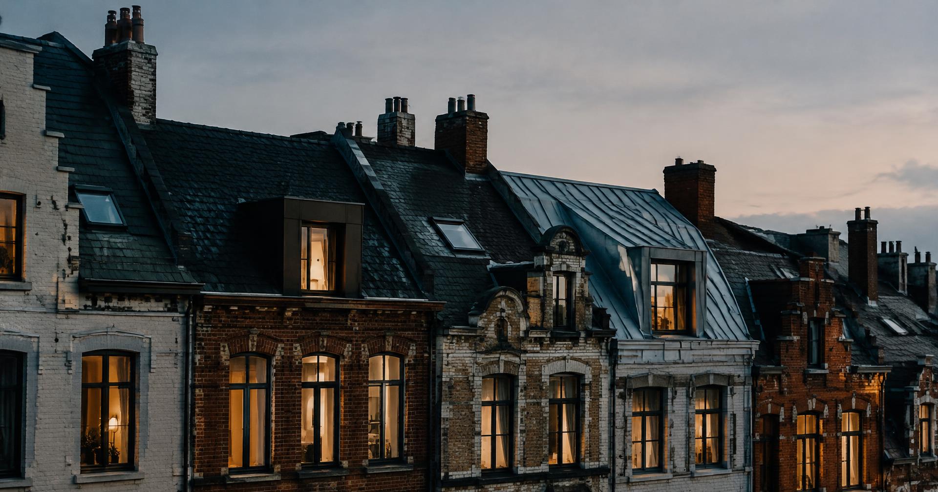 Daken van Gentse herenhuizen bij valavond