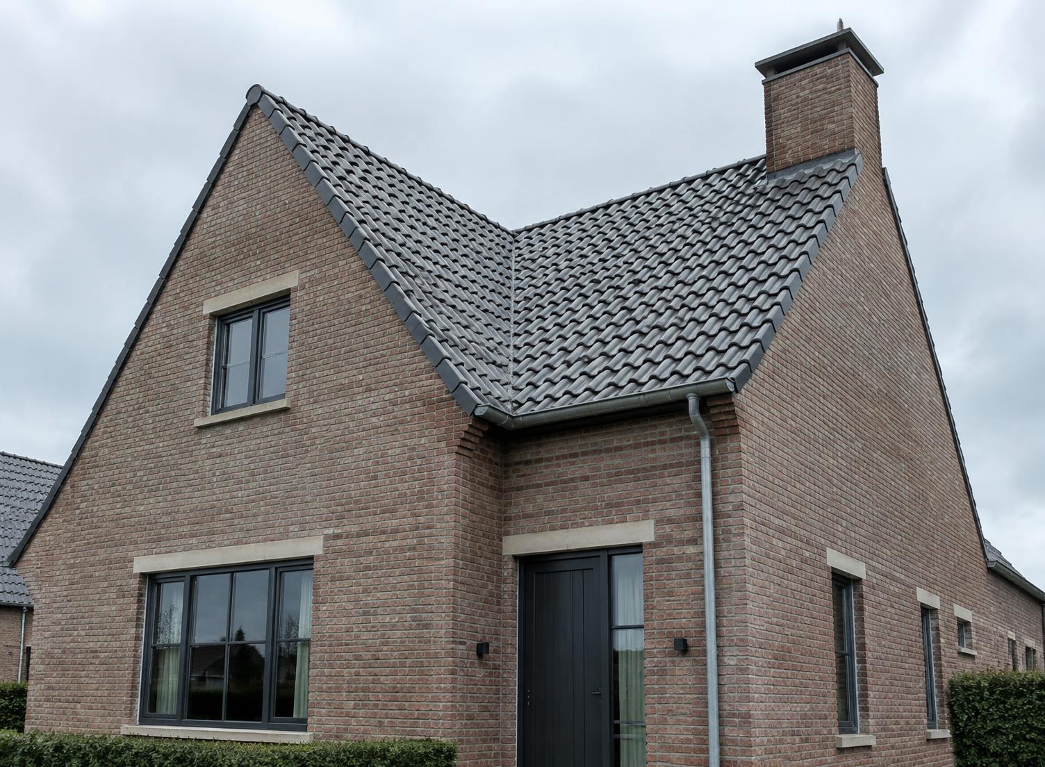Hellend dak met donkere keramische pannen op een bakstenen woning
